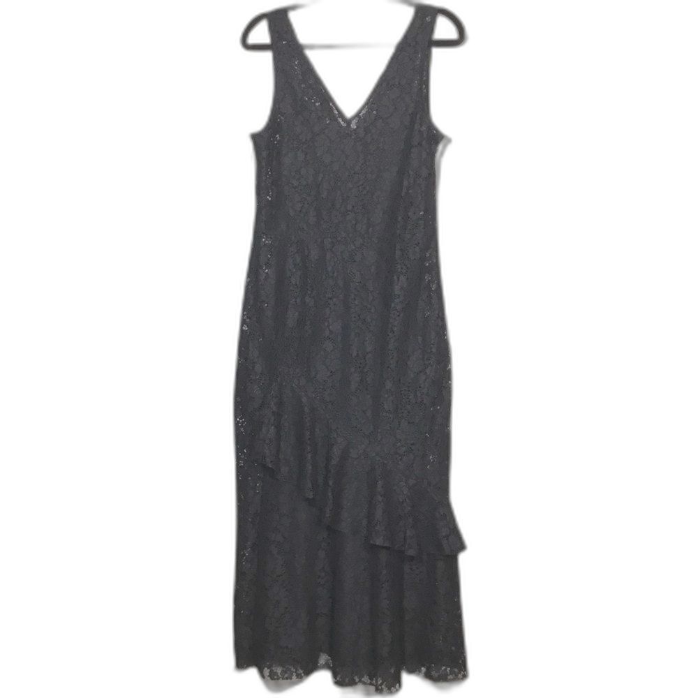 Formal black lace sleeveless dress with dress lining asymmetrical ruffle size M